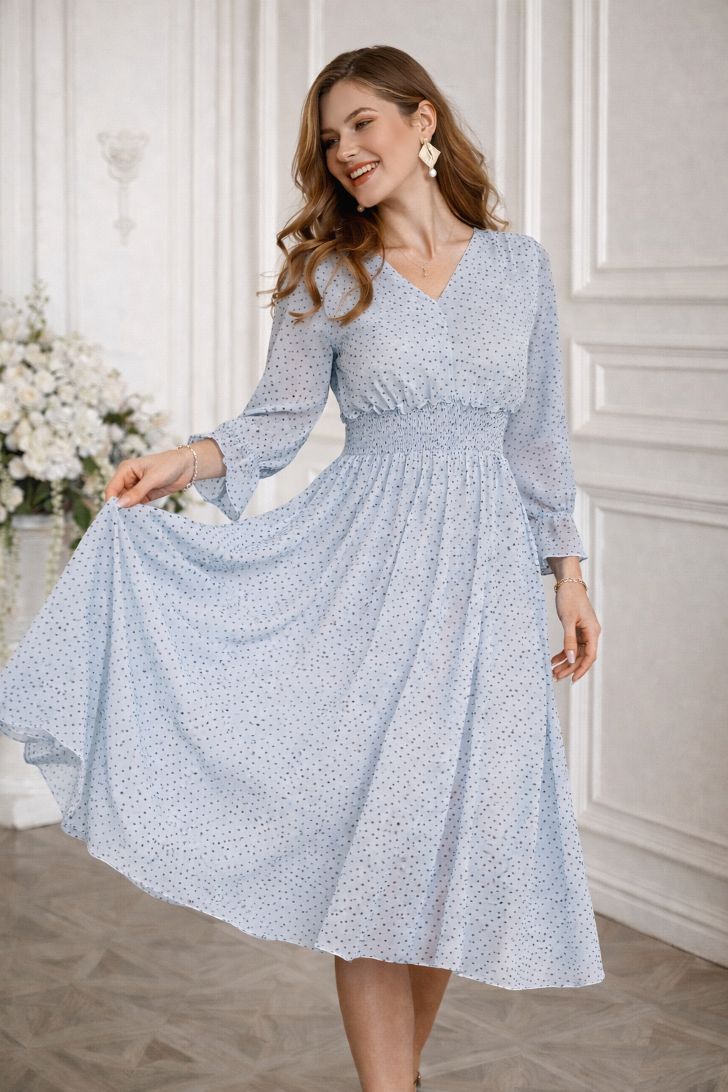Olivia Elegante A-Lijn Midi Jurk met V-Hals en Trompetmouwen – Luxe Damesjurk met Hoge Taille