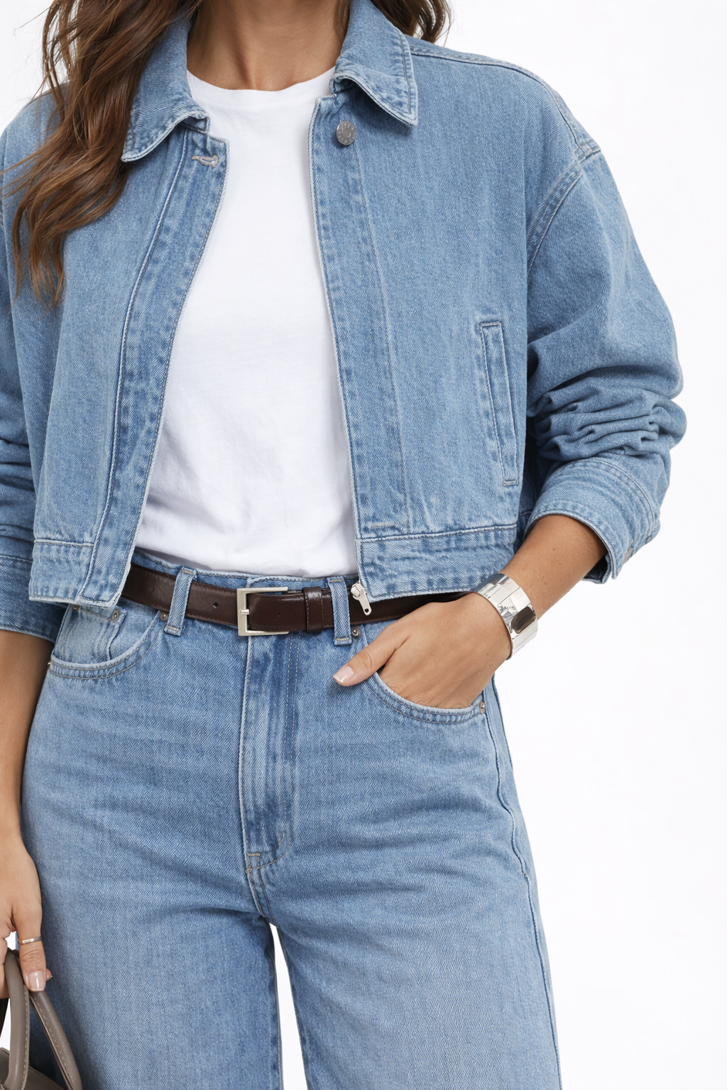 Sara Light Denim Wide Leg Set – Cropped Denim Jacket & High Waist Wide Leg Jeans Dames
