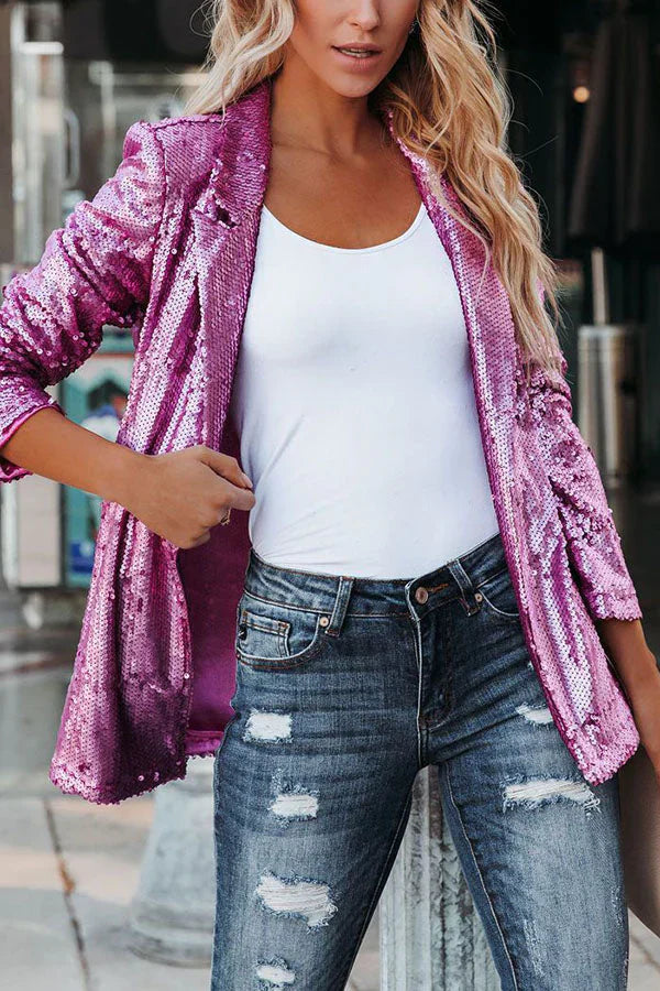 Chique Vrouwen Sequined Blazer met Lange Mouwen en Revers