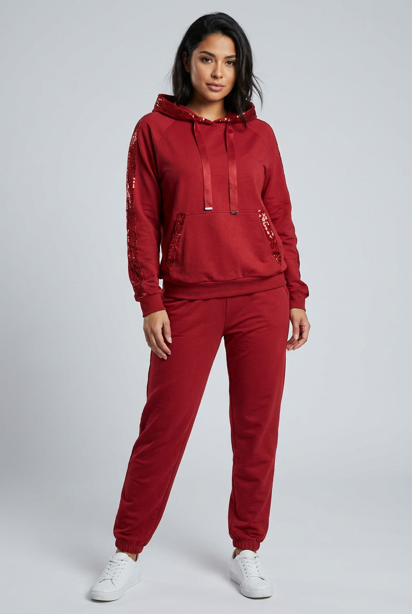 Comfortabel dames setje met capuchon en decoratieve details