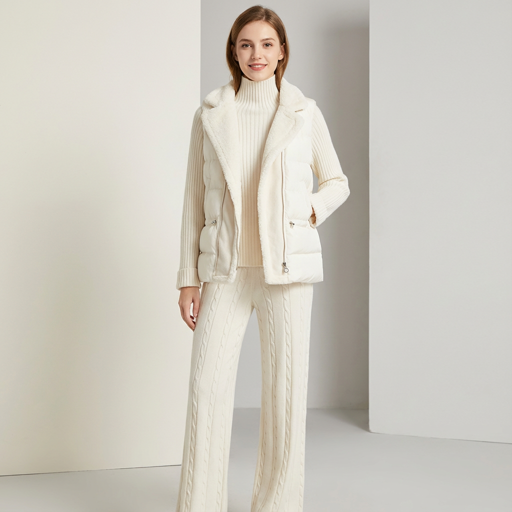Crèmekleurige gebreide dames set met turtleneck en gevoerde bodywarmer