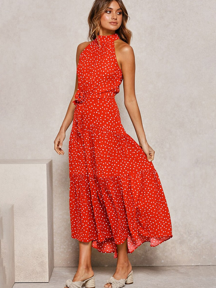 Dames Halter Midi Jurk met Stippenprint en Tailleband