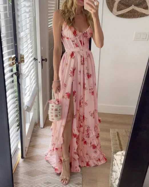 Dames Mouwenloze Kanten Midi Jurk met Bloemenpatroon voor Avondkleding