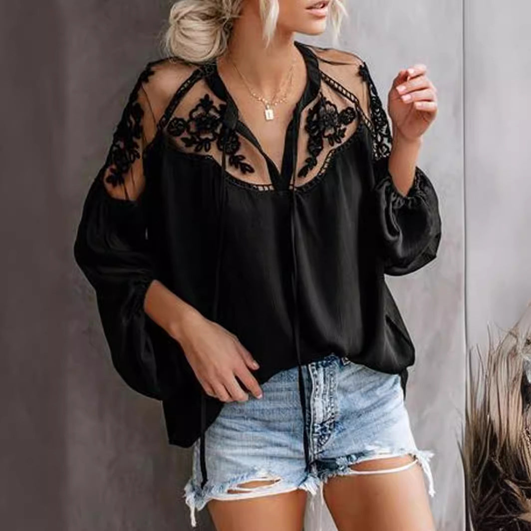 Doorzichtig Bloemengeborduurd Bohemian Blouse met Lange Mouwen