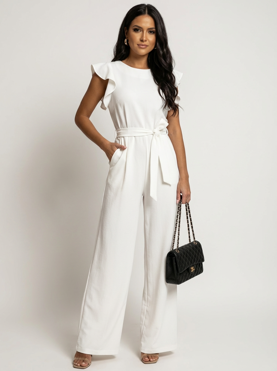 Elegante damesjumpsuit met ruffle mouwen en ceintuur