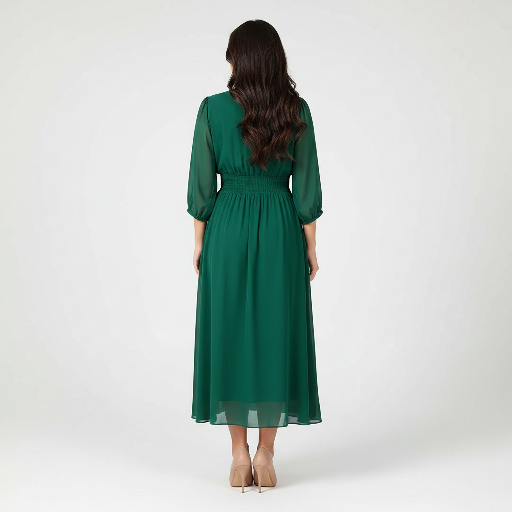 Elegante midi jurk met V-hals en geplooide taille