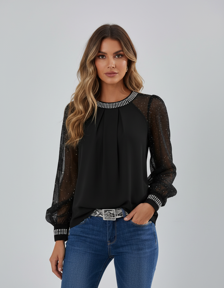 Elegante zwarte mesh top met pailletten en transparante mouwen