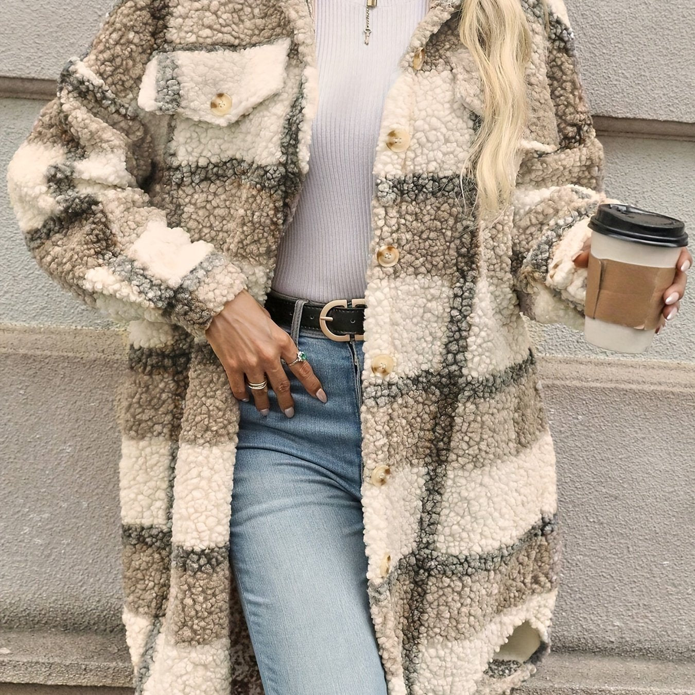 Elysia Fuzzy Check Jacket – Geruite Dames Jas met Knoopsluiting