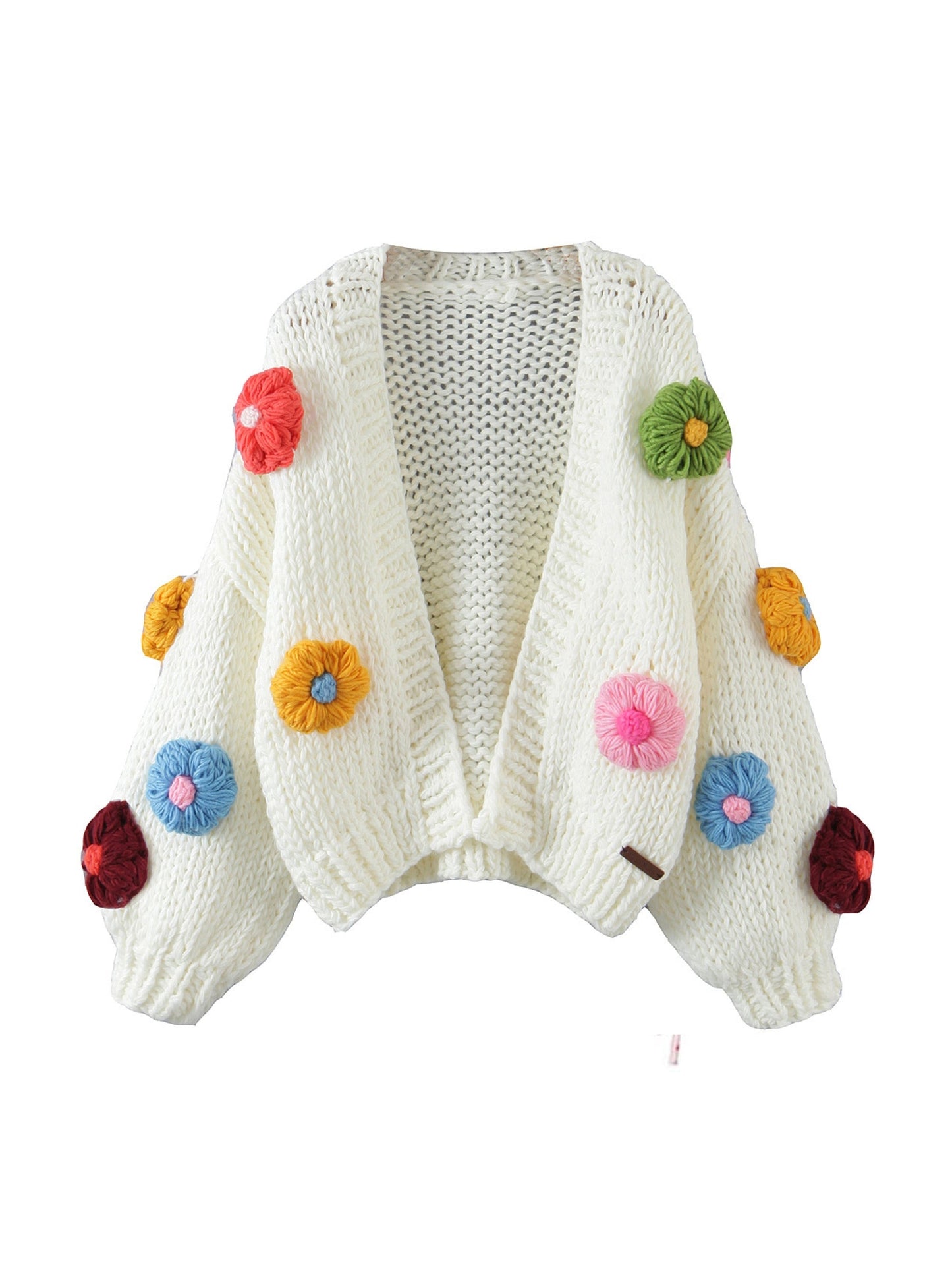 Handgebreide Bloemen Cardigan met Ballonmouwen en Zachte Knit