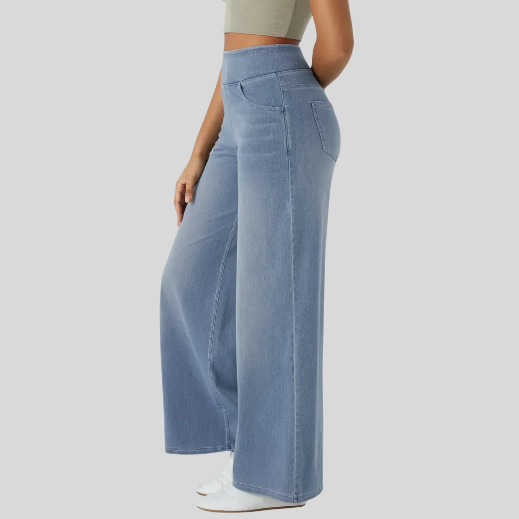 Hoge taille broek met elastische tailleband en wijde pijpen