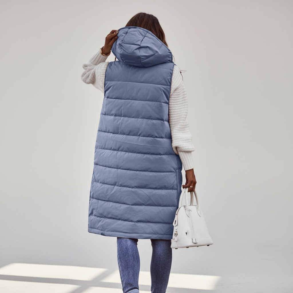 Lange bodywarmer met capuchon