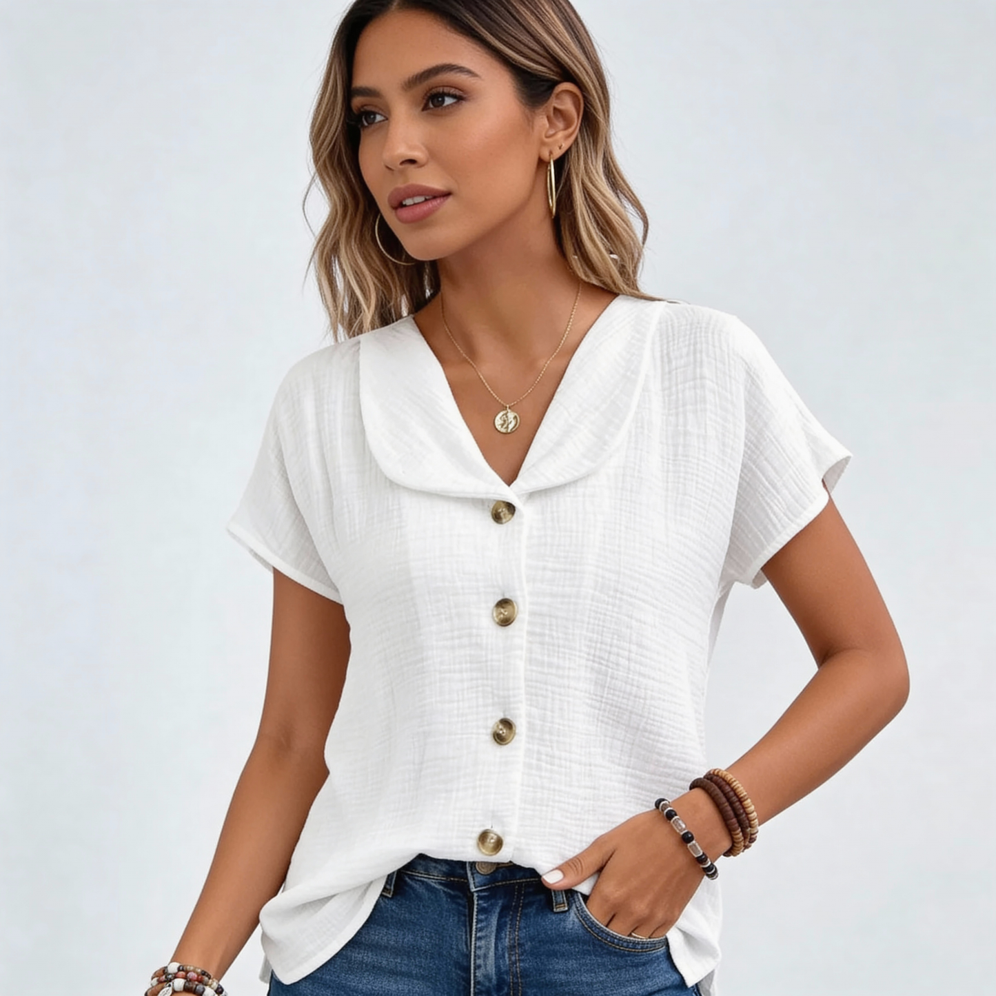 Luchtige blouse met knoopsluiting en korte mouwen