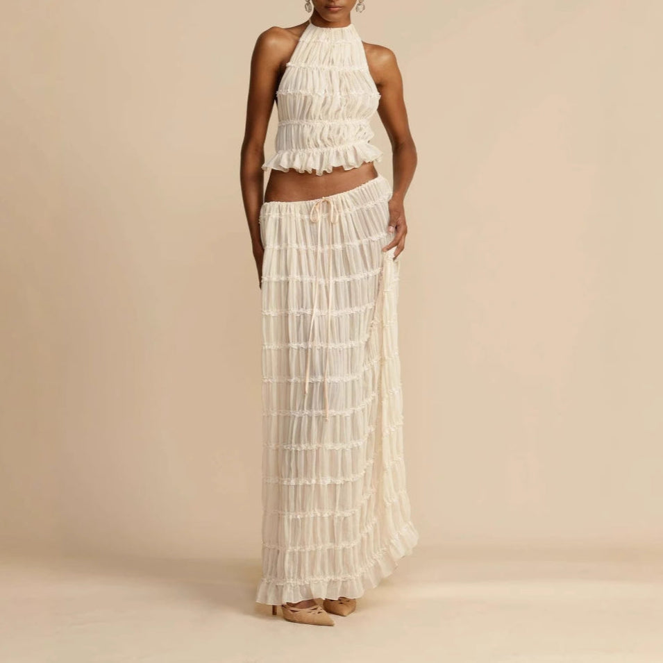 Tweedelig Dames Set met Rimpel Halter Crop Top en Maxi Rok