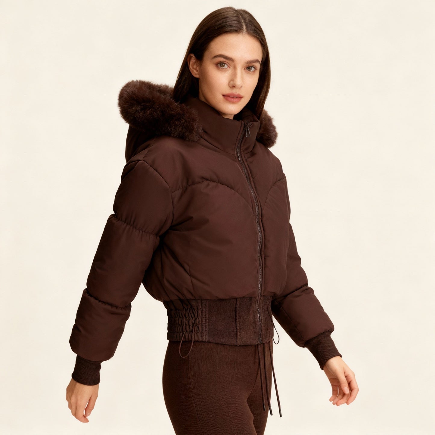 Warme cropped dames winterjas met luxe bontkraag
