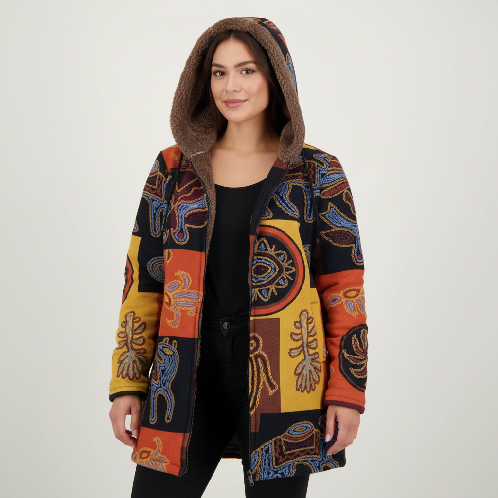 Warme gevoerde dames winterjas met print en capuchon – Elvira