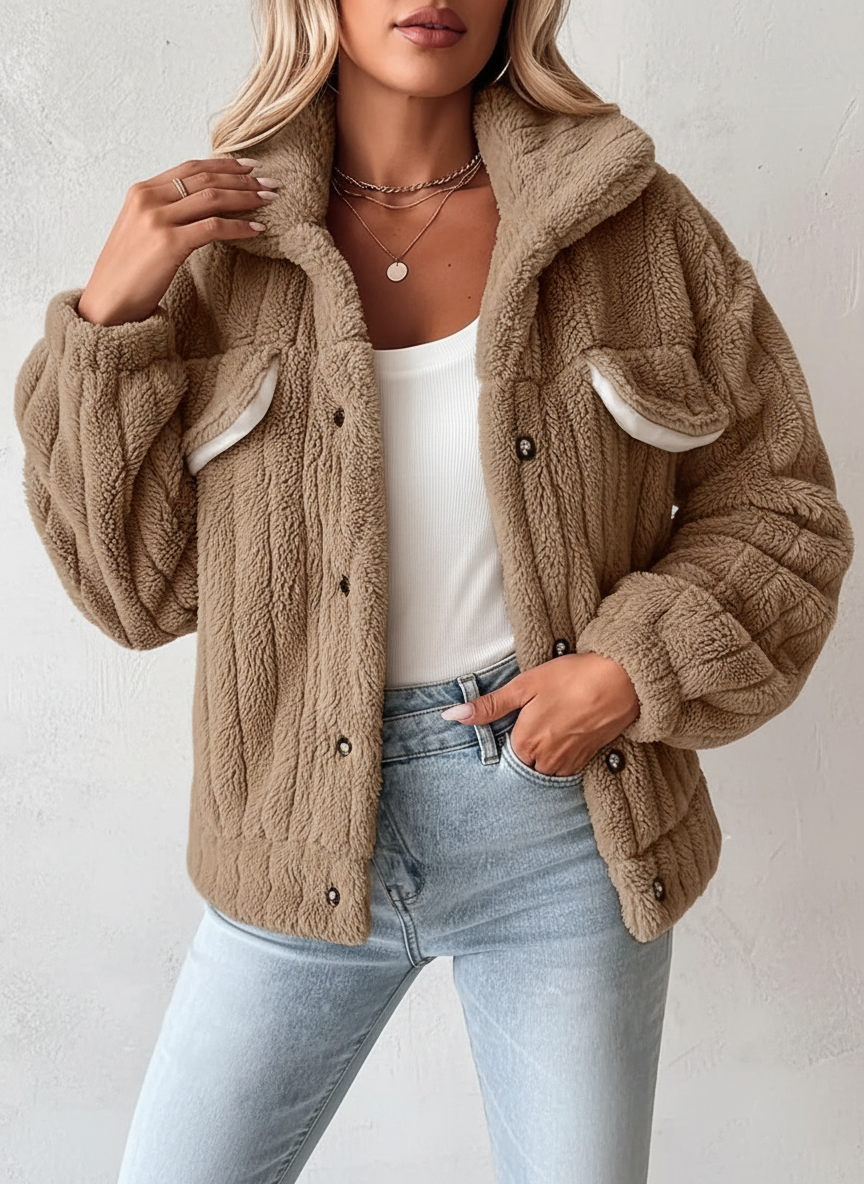 Zachte rib sherpa jas dames met drukknoopsluiting – Amira