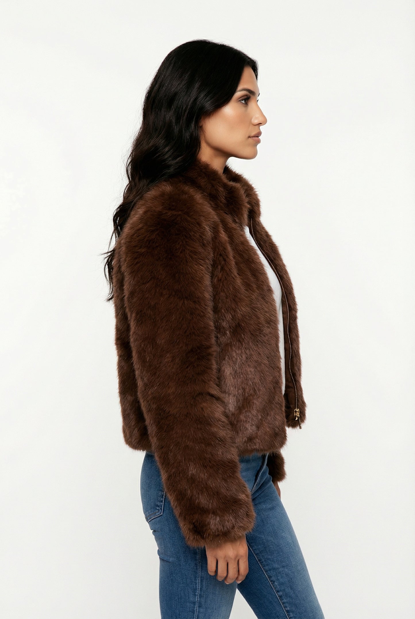 Fuzzy Dames Cropped Faux Fur Jas Bruin Met Ritssluiting