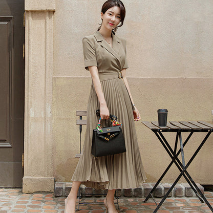 Temperament Suit Collar Waist Pleated Large Skirt Professional Dress Female