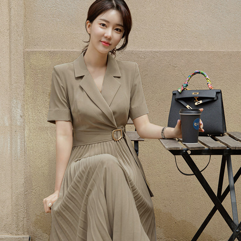 Temperament Suit Collar Waist Pleated Large Skirt Professional Dress Female