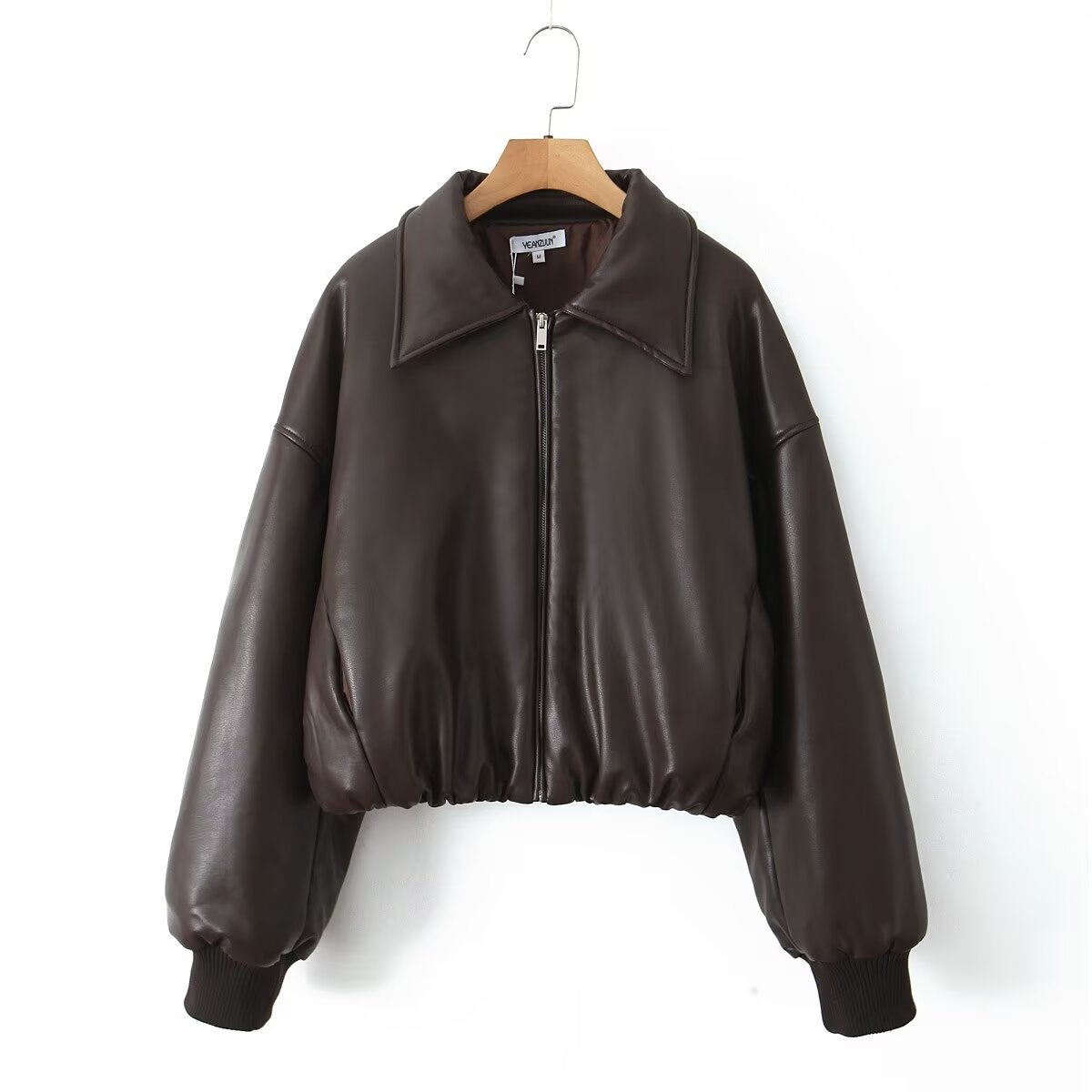 Roxanne Vintage Bruin Leren Look Bomber Jacket – Cropped Dames Faux Leather Jacket met Rits
