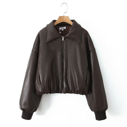 Roxanne Vintage Bruin Leren Look Bomber Jacket – Cropped Dames Faux Leather Jacket met Rits