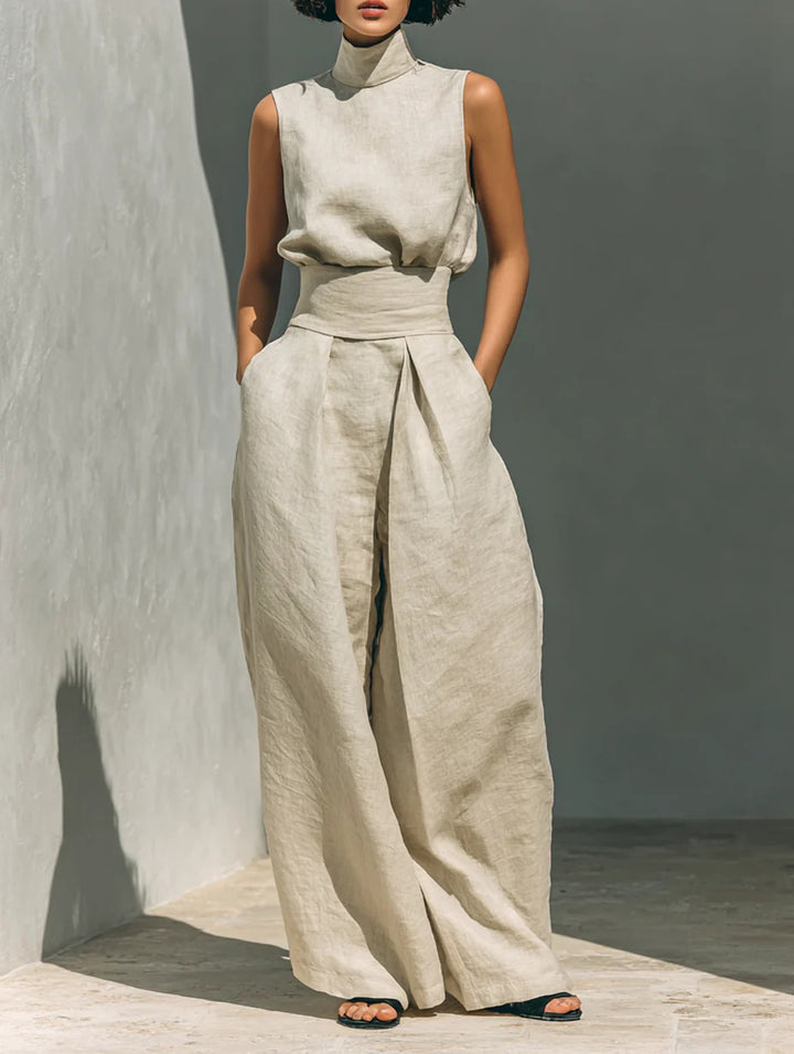 Avery Luxe Linnen Mouwloze Zomerset met Opstaande Kraag en Wide Leg Broek voor Dames