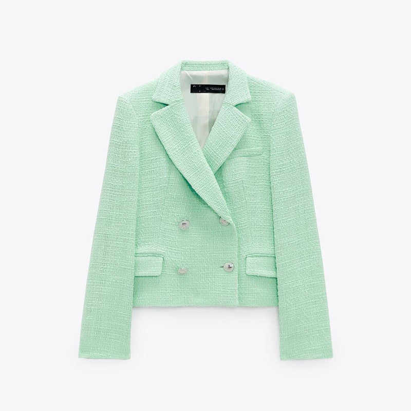 Brooklyn Elegant Mintgroen Tweed Blazerjasje met Dubbele Knopen – Luxe Dames Blazer