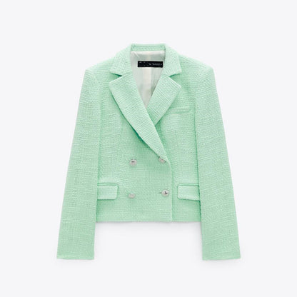 Brooklyn Elegant Mintgroen Tweed Blazerjasje met Dubbele Knopen – Luxe Dames Blazer