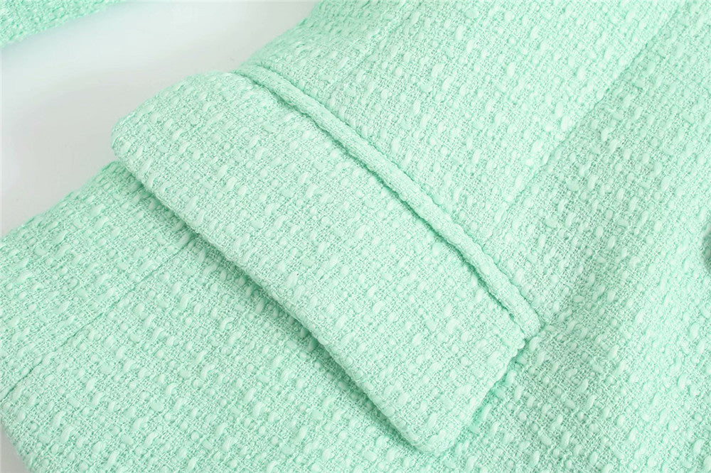Brooklyn Elegant Mintgroen Tweed Blazerjasje met Dubbele Knopen – Luxe Dames Blazer