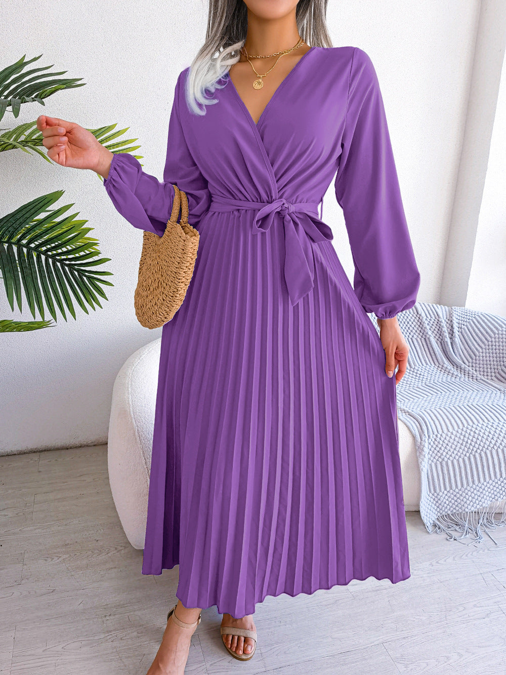 Isabella Elegante Maxi Jurk met Plooien – Dames Overslag Jurk met V-Hals