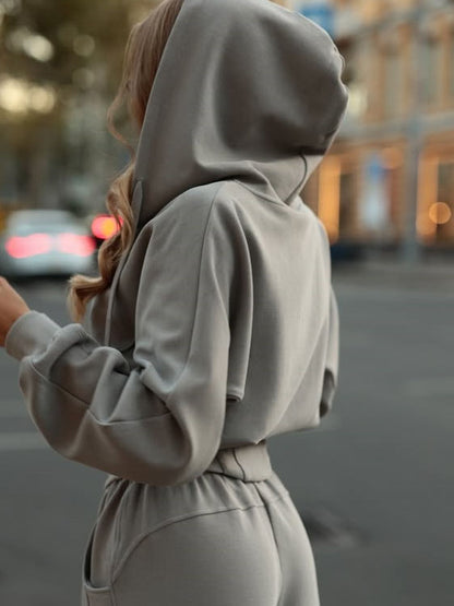 Solid Color Zip-up Cardigan Hooded Sweatshirt With Waist-cinching Design And Drawstring Pants Two-piece Set