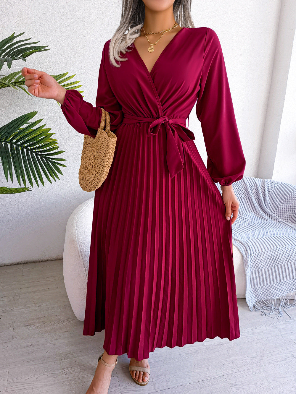 Isabella Elegante Maxi Jurk met Plooien – Dames Overslag Jurk met V-Hals