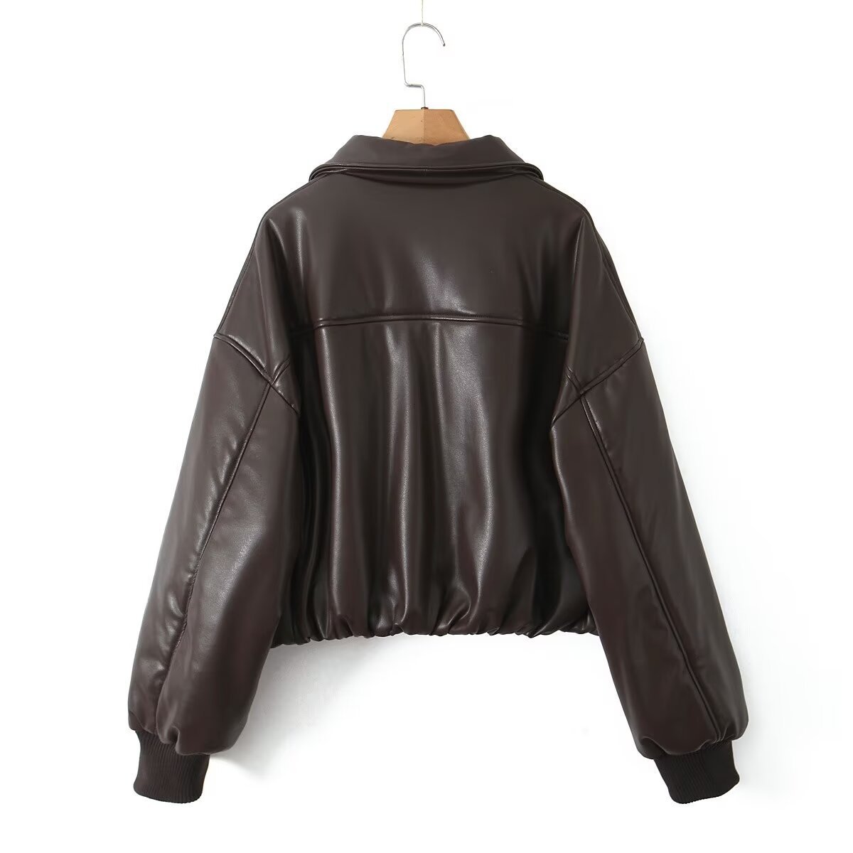 Roxanne Vintage Bruin Leren Look Bomber Jacket – Cropped Dames Faux Leather Jacket met Rits