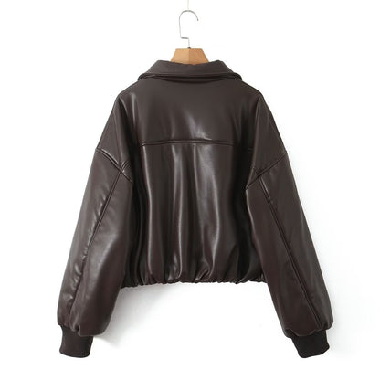 Roxanne Vintage Bruin Leren Look Bomber Jacket – Cropped Dames Faux Leather Jacket met Rits