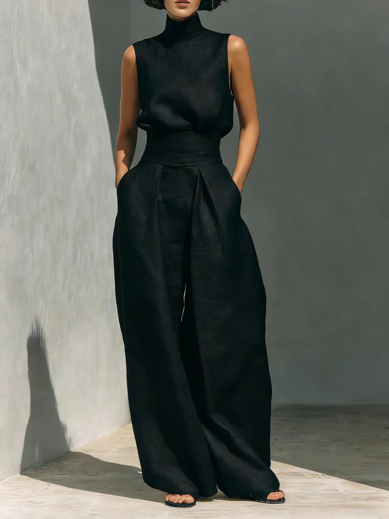 Avery Luxe Linnen Mouwloze Zomerset met Opstaande Kraag en Wide Leg Broek voor Dames