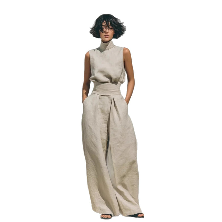 Avery Luxe Linnen Mouwloze Zomerset met Opstaande Kraag en Wide Leg Broek voor Dames