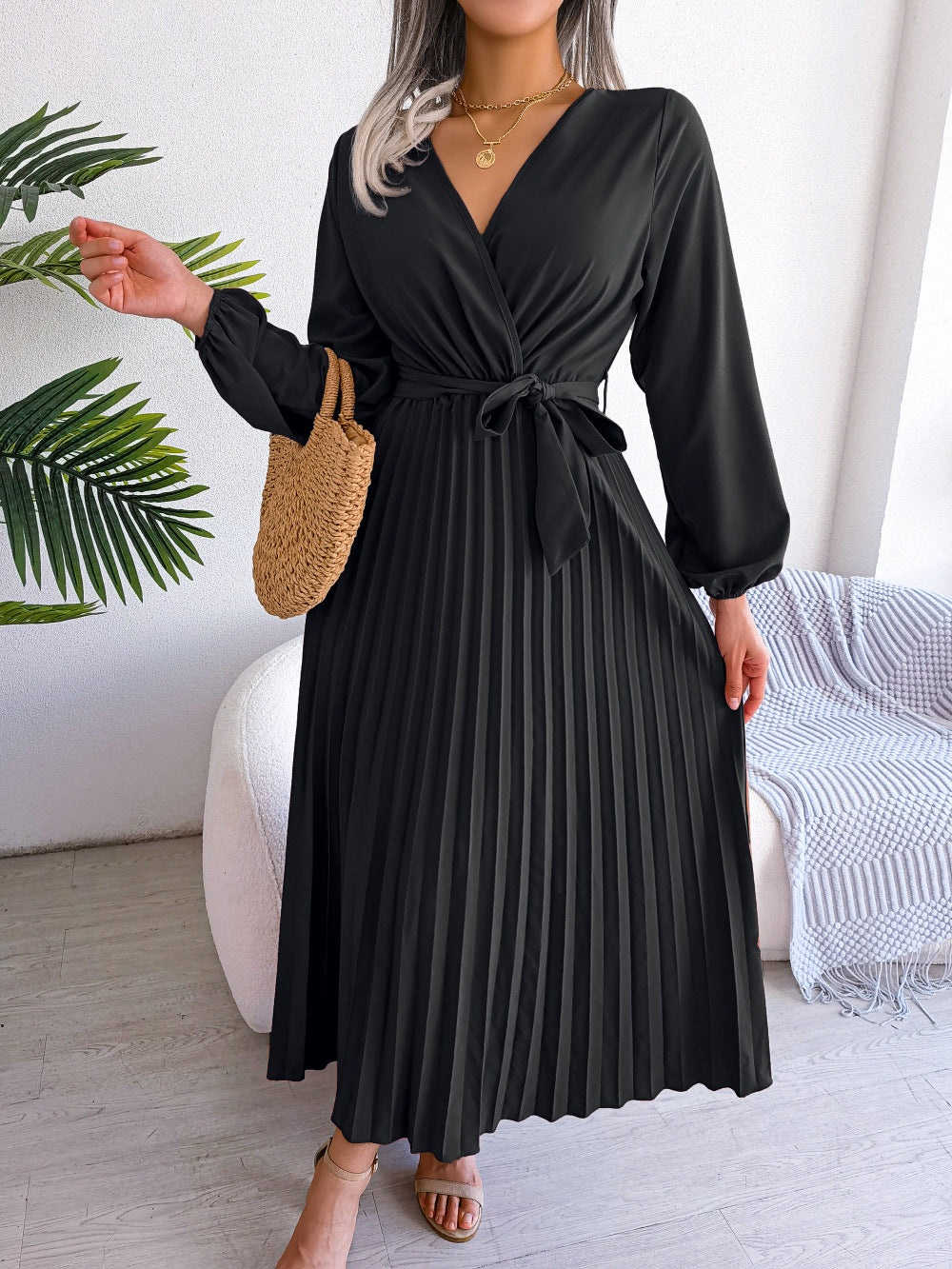 Isabella Elegante Maxi Jurk met Plooien – Dames Overslag Jurk met V-Hals
