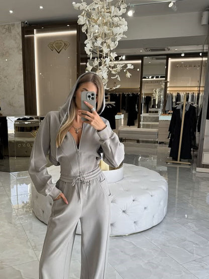 Solid Color Zip-up Cardigan Hooded Sweatshirt With Waist-cinching Design And Drawstring Pants Two-piece Set