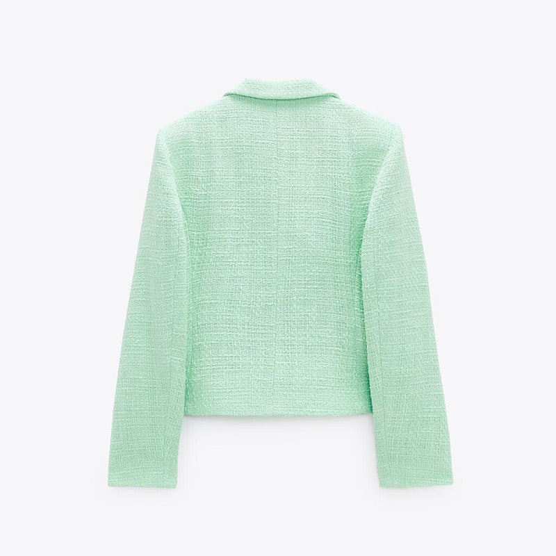 Brooklyn Elegant Mintgroen Tweed Blazerjasje met Dubbele Knopen – Luxe Dames Blazer