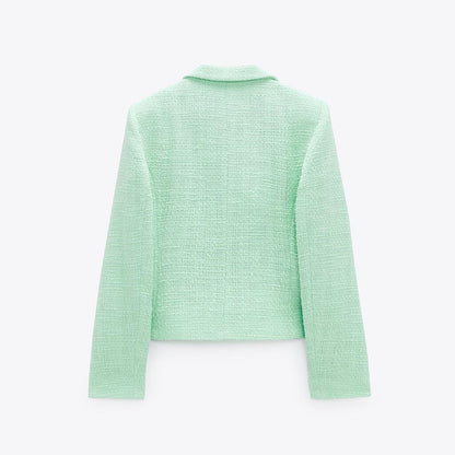 Brooklyn Elegant Mintgroen Tweed Blazerjasje met Dubbele Knopen – Luxe Dames Blazer