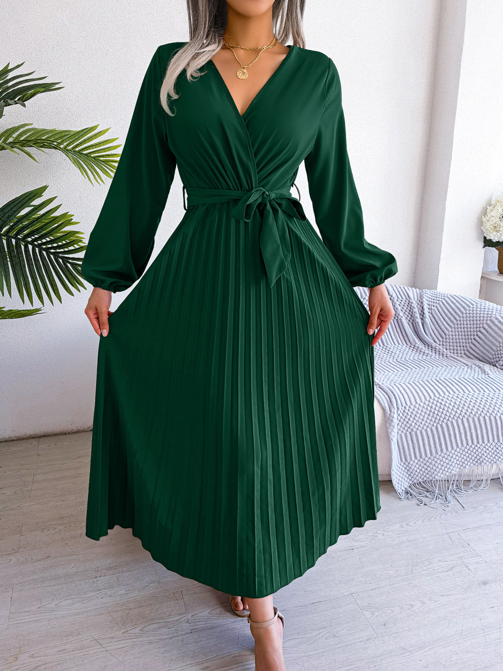 Isabella Elegante Maxi Jurk met Plooien – Dames Overslag Jurk met V-Hals