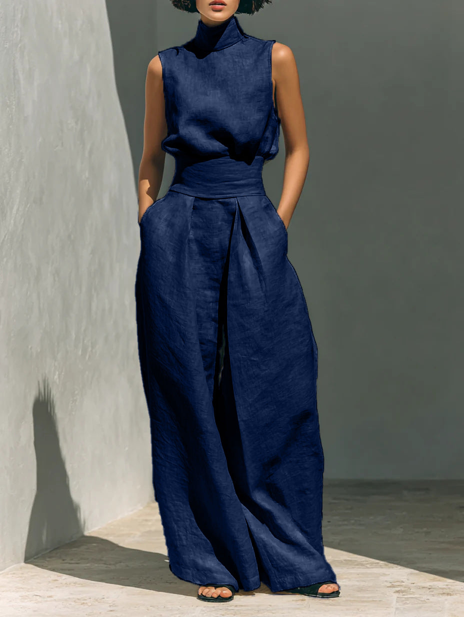 Avery Luxe Linnen Mouwloze Zomerset met Opstaande Kraag en Wide Leg Broek voor Dames