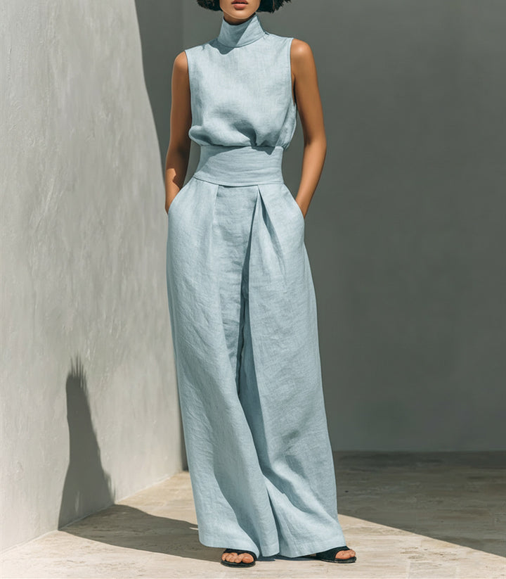 Avery Luxe Linnen Mouwloze Zomerset met Opstaande Kraag en Wide Leg Broek voor Dames