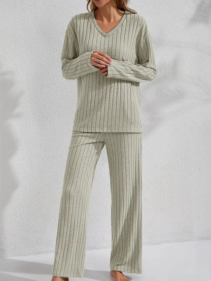 Lotte Geribbelde Dames Lounge Set – Comfortabele Huispak / Pyjama Set met Lange Mouwen
