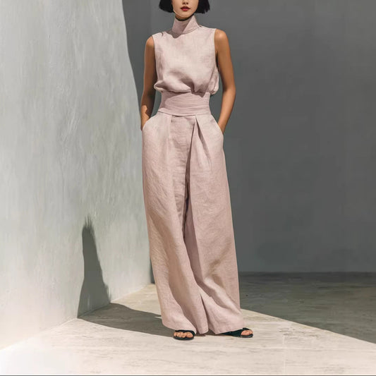 Avery Luxe Linnen Mouwloze Zomerset met Opstaande Kraag en Wide Leg Broek voor Dames