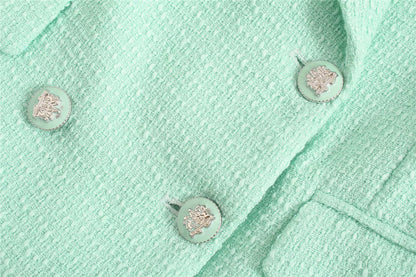Brooklyn Elegant Mintgroen Tweed Blazerjasje met Dubbele Knopen – Luxe Dames Blazer