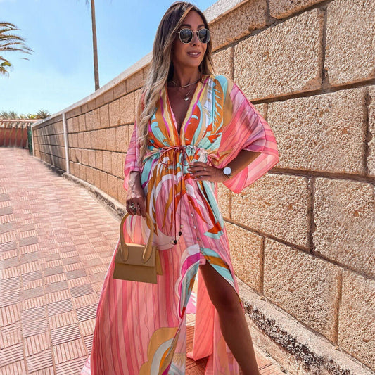 Abstract Print Maxi Jurk met Ceintuur en V-Hals in Roze