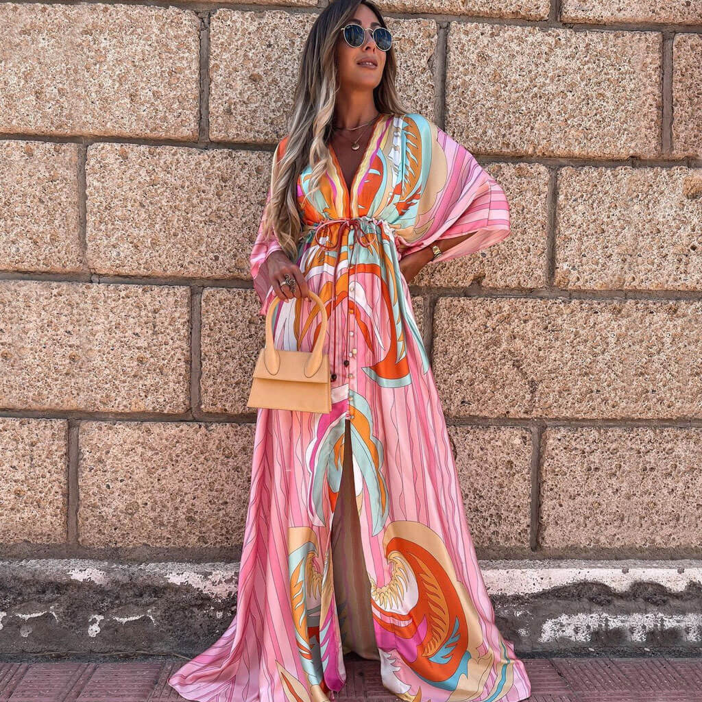 Abstract Print Maxi Jurk met Ceintuur en V-Hals in Roze