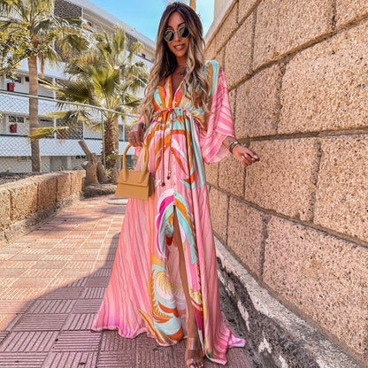 Abstract Print Maxi Jurk met Ceintuur en V-Hals in Roze