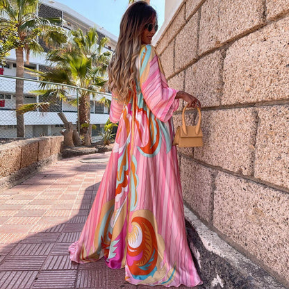 Abstract Print Maxi Jurk met Ceintuur en V-Hals in Roze